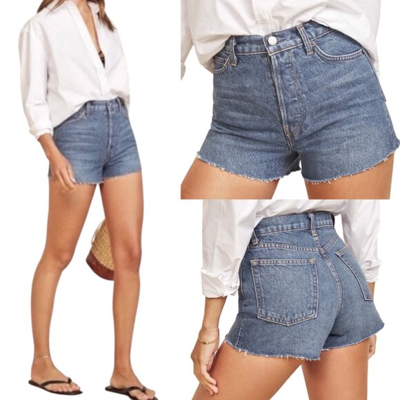 New Reformation Charlie High Rise Jean Shorts Size 26 In Iskar Wash Blue Cut Off - Picture 1 of 13